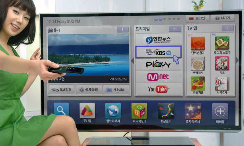 LG전자, 2011년형‘스마트TV’공개 (서울=연합뉴스) LG전자 홍보 모델이 오는 6일 미국 라스베이거스에서 개막하는 세계 최대 가전 전시회인 'CES(Consumer Electronics Show) 2011’에서 공개할 LG전자의 2011년형 스마트TV 전략제품(제품모델:55LW9500)을 선보이고 있다. 2011.1.4 photo@yna.co.kr (끝)
LG Electronics’ smart TV.        LG Electronics