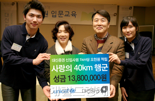 대신증권은 17일 신입사원 극기훈련으로 실시된 ‘사랑의 산악행군’ 행사를 통해 적립된 성금 1380만원을 유엔 구호단체인 유니세프에 기부했다.  이번 성금은 지난 연말 대신증권 하반기 공채를 통해 입사한 신입사원 69명이 지난 7~8일 오대산부터 주문진 하조대까지의 40㎞ 야간 산악행군을 통해 모은 돈으로, 직원 한 명이 1㎞를 걸을 때마다 회사에서 5000원씩 적립했다.
대신증권은 17일 신입사원 극기훈련으로 실시된 ‘사랑의 산악행군’ 행사를 통해 적립된 성금 1380만원을 유엔 구호단체인 유니세프에 기부했다.  이번 성금은 지난 연말 대신증권 하반기 공채를 통해 입사한 신입사원 69명이 지난 7~8일 오대산부터 주문진 하조대까지의 40㎞ 야간 산악행군을 통해 모은 돈으로, 직원 한 명이 1㎞를 걸을 때마다 회사에서 5000원씩 적립했다.