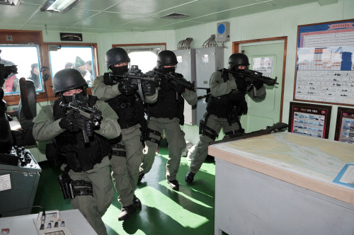 Troops of the South Korean Navy’s Underwater Demolition Team take part in an anti-terrorism exercise
aboard a ship in the West Sea on Saturday. A UDT unit raided a Korean ship hijacked by Somali pirates
and rescued all 21 sailors Friday. (Chung Hee-cho/The Korea Herald)