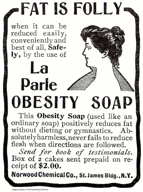 <YONHAP PHOTO-0511> A 1903 advertisement provided by The Advertising Archives via Library of Congress shows a 1903 advertisement for La Parle Obesity Soap, that "never fails to reduce flesh" and was selling at a pricey-for-then $1 a bar. A look back at diet history shows what hasn't changed is the quest for an easy fix. (AP Photo/The Advertising Archives via Library of Congress)/2011-01-25 06:00:47/ <저작권자 ⓒ 1980-2011 ㈜연합뉴스. 무단 전재 재배포 금지.>
A 1903 advertisement provided by The Advertising Archives via Library of Congress shows a 1903 advertisement for La Parle Obesity Soap, that sold for a pricey-for-then $1 a bar.
AP-Yonhap News