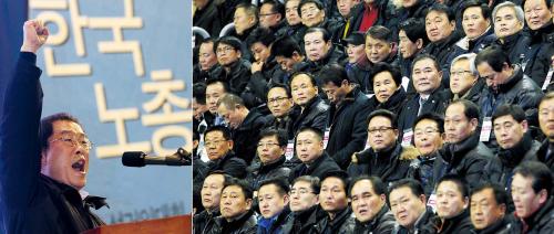 Delegates of the Federation of Korean Trade Unions listen to Lee Yong-deuk (left photo) giving a speech in a meeting held Tuesday in Seoul to choose its new leader.
(Yonhap News)
이용득 한국노총위원장/