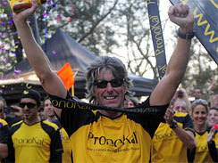 Belgian athlete Stefaan Engels, known as 'marathonman', reacts as he finishes his last marathon in Barcelona, Spain, Feb. 5, 2011.  (AP Photo/Manu Fernandez)