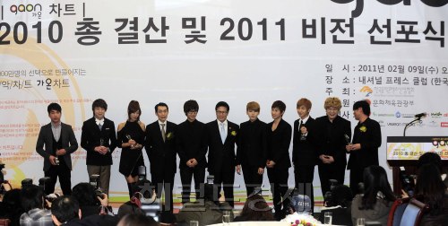 9일 오후 프레스센터에서 열린 '가온차트 2010 총결산 및 2011 비젼 선포식'에서 2010년 가온차트 각 부분에서 수상한 가수들이 기념촬영을 하고  있다. 박해묵 기자/mook@heraldm.com
9일 오후 프레스센터에서 열린 '가온차트 2010 총결산 및 2011 비젼 선포식'에서 2010년 가온차트 각 부분에서 수상한 가수들이 기념촬영을 하고  있다. 박해묵 기자/mook@heraldm.com