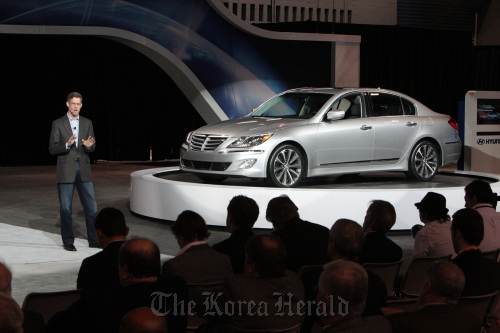Hyundai Motor America’s vice president for product and planning Mike O’Brien presents the 2012 Genesis 5.0 at the Chicago Auto Show on Friday.  Hyundai Motor Co.