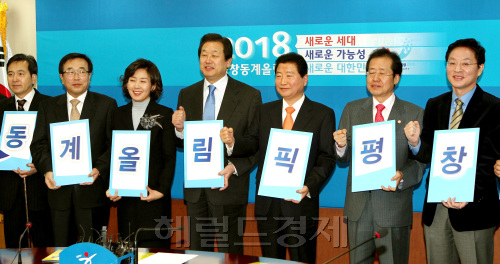 한나라당 안상수 대표를 비롯한 지도부가  14일 오전 여의도당사에서 열린 최고위원회의에  앞서 2018년 동계올림픽 개최지를 평창으로 기원하는 세레모니를 하고 있다.양동출dcyang@heraldm.com/110214/
한나라당 안상수 대표를 비롯한 지도부가  14일 오전 여의도당사에서 열린 최고위원회의에  앞서 2018년 동계올림픽 개최지를 평창으로 기원하는 세레모니를 하고 있다.양동출dcyang@heraldm.com/110214/
한나라당 안상수 대표를 비롯한 지도부가 14일 오전 서울 여의도 당사에서 열린 최고위원회의에 앞서 2018년 동계올림픽의 평창 유치를 기원하는 피켓을 들고 구호를 외치고 있다. 양동출 기자/dcyang@heraldm.com