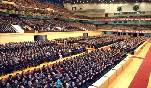 <YONHAP PHOTO-1235> (110216) -- PYONGYANG, Feb. 16, 2011 (Xinhua) -- Photo provided by Korean Central News Agency (KCNA) on Feb. 16, 2011 shows people attend a meeting celebrating the 69th birthday of Kim Jong Il, the top leader of the Democratic People's Republic of Korea (DPRK), in Pyongyang, capital of DPRK. (Xinhua/KCNA) (msq)/2011-02-16 14:02:28/ <저작권자 ⓒ 1980-2011 ㈜연합뉴스. 무단 전재 재배포 금지.>
People attend a meeting celebrating the 69th birthday of North Korean leader Kim Jong-il in Pyongyang on Wednesday.   Xinhua-Yonhap News
People attend a meeting celebrating the 69th birthday of North Korean leader Kim Jong-il in Pyongyang on Wednesday.   Xinhua-Yonhap News