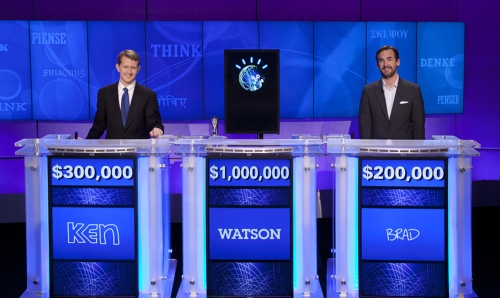 <YONHAP PHOTO-1650> In this photo provided by Jeopardy Productions, Inc., Ken Jennings, left, and Brad Rutter, right, pose after the episode of "Jeopardy!" that aired Wednesday, Feb. 16, 2011, when Watson, the IBM-created megabrain, beat the veteran champs with a total of $77, 147 over two exhibition matches. For crushing his rivals, Watson gets a total prize of $1 million, which IBM has said will go to the charities World Vision and World Community Grid. The vanquished Jennings and Rutter get $300,000 and $200,000, respectively, half of which each said they would be donating to charities. (AP Photo/Jeopardy Productions, Inc.) NO SALES/2011-02-17 13:30:55/ <저작권자 ⓒ 1980-2011 ㈜연합뉴스. 무단 전재 재배포 금지.>
Ken Jennings (left) and Brad Rutter (right) after the episode of “Jeopardy!” that aired Wednesday, when Watson, the IBM-created megabrain, beat the veteran champs with a total of $77, 147 over two exhibition matches. AP-Yonhap News