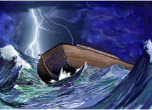 Hector Casanova color illustration of Noah's Ark being tossed in high waves during a lightening storm. (MCT)