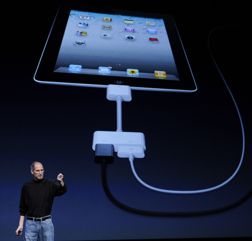 <YONHAP PHOTO-0495> (110302) -- SAN FRANCISCO, March 2, 2011 (Xinhua) -- Steve Jobs, Apple's chief executive officer, introduces the iPad 2 at an event in San Francisco, the United States, March 2, 2011. Apple Inc. on Wednesday unveiled the second generation of its iPad, in a move to stay ahead in the increasingly crowded tablet computer arena. (Xinhua/Qi Heng) (wjd)/2011-03-03 05:23:20/ <저작권자 ⓒ 1980-2011 ㈜연합뉴스. 무단 전재 재배포 금지.>
Steve Jobs, Apple’s chief executive officer, introduces the iPad 2 at an event in San Francisco, March 2.  Xinhua-Yonhap News
Steve Jobs, Apple’s chief executive officer, introduces the iPad 2 at an event in San Francisco, March 2.  Xinhua-Yonhap News