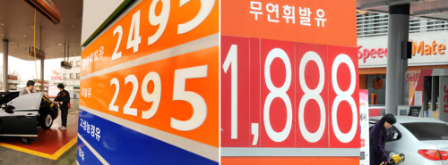 유가가 고공비행을 하면서 싼 주유소로는 소비자들이 대거 몰리고 비싼 주유소로는 발길이 뚝 끊기는 양상이 더욱 뚜렷해지고 있다. 사진은 여의도에 위치한 대표적인 고가 주유소와 가장 싼 성동구의 한 주유소 모습. 사진=안훈기자 rosedale@