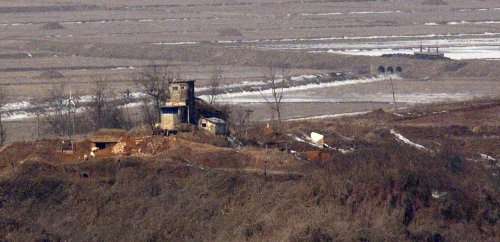 North Korean military guard post stands in North Korea's Kaepoong, in a view from the unification observation post near the border village of the Panmunjom (DMZ) that separates the two Koreas since the Korean War. (AP-Yonhap News)