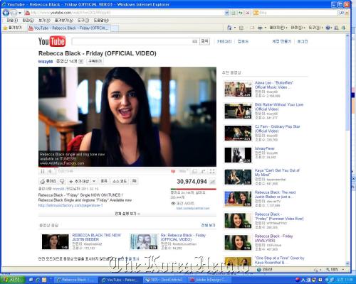 A screen capture shows Rebecca Black singing “Friday” in her YouTube video clip.  YouTube