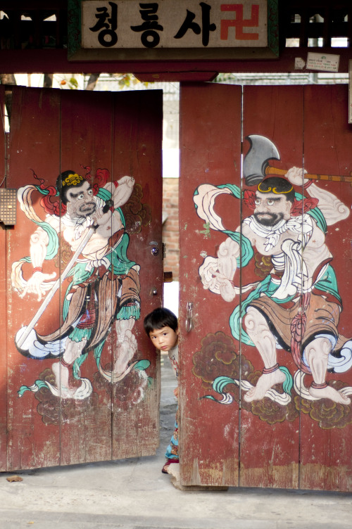 칼라 3 단
A boy peeks out of the entrance to Cheongryeong Temple near Singil Station.
