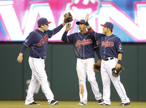 <YONHAP PHOTO-0964> CLEVELAND - APRIL 05: Austin Kearns #26 Michael Brantley #23 and Shin-Soo Choo #17 of the Cleveland Indians celebrate a 3-1 win over the Boston Red Sox at Progressive Field on April 5, 2011 in Cleveland, Ohio. Leon Halip/Getty Images/AFP== FOR NEWSPAPERS, INTERNET, TELCOS & TELEVISION USE ONLY == /2011-04-06 11:21:09/ <저작권자 ⓒ 1980-2011 ㈜연합뉴스. 무단 전재 재배포 금지.>
Left to right: Austin Kearns, Michael Brantley and Choo Shin-soo of the Cleveland Indians celebrate a 3-1 win over the Boston Red Sox at Progressive Field in Cleveland, Ohio, Tuesday.  AFP-Yonhap News
Left to right: Austin Kearns, Michael Brantley and Choo Shin-soo of the Cleveland Indians celebrate a 3-1 win over the Boston Red Sox at Progressive Field in Cleveland, Ohio, Tuesday.  AFP-Yonhap News