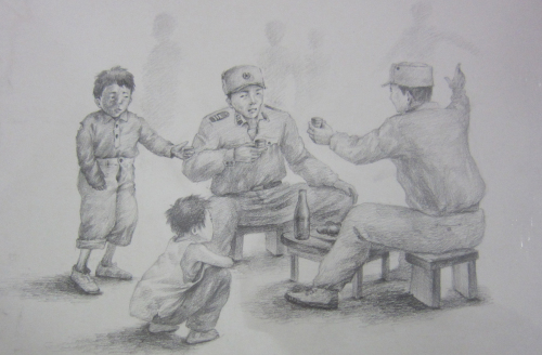 <YONHAP PHOTO-0758> 북한이탈주민이 그린 그림 (서울=연합뉴스) 여명학교를 졸업한 북한이탈주민 A(25)씨가 지난해 미술치료 과정에서 그린 그림. 거리에서 술을 마시고 있는 북한군 앞에 꽃제비 소년들이 구걸하고 있다. 미술치료사 윤덕애(56.여)씨는 10일 "과거의 수치스럽고 아픈 기억을 겉으로 드러내 그림으로 그림으로써 그 과거에서 벗어나는 치유의 과정인 셈"이라고 말했다. <<여명학교 제공, 사회부 기사 참고>> 2011.4.10 photo@yna.co.kr/2011-04-10 09:32:50/ <저작권자 ⓒ 1980-2011 ㈜연합뉴스. 무단 전재 재배포 금지.>
This picture drawn by a North Korean defector depicts North Korean boys begging to soldiers.     Yonhap News