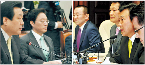 4ㆍ27 재보궐선거를 보름여 앞둔 11일 각각 국회에서 열린 한나라당 최고위원회의<왼쪽>와 민주당의 최고위원-시ㆍ도지사 연석회의에서 김무성 원내대표와 손학규 대표가 재보궐선거 및 지역발전 정책과 관련한 모두발언을 하고 있다. 양동출 기자/dcyang@heraldm.com