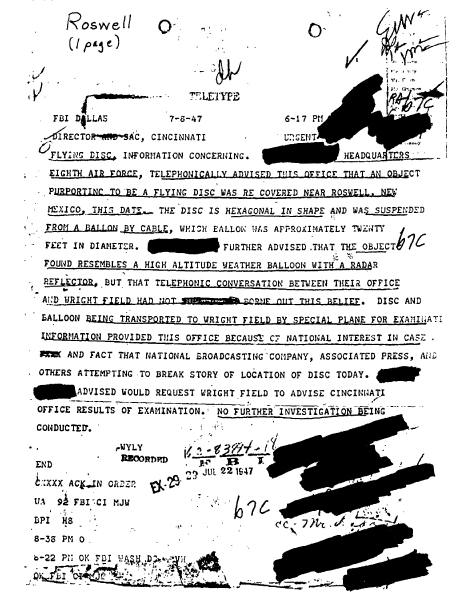 A FBI memo describes the 1947 Roswell UFO incident. (FBI The Valut)