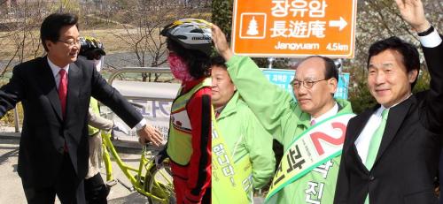 Ruling Grand National Party candidate Kang Jae-sup (left photo) and his rival from the main opposition Democratic Party Sohn Hak-kyu (far right in right photo) woo support
from voters in the Bundang constituency in Seongnam, Gyeonggi Province, Monday. Yonhap News