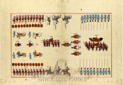A page from “Garye Dogam Uigwe,” or the Archive Record of the Royal Ceremonies Directorate, depicting a scene from the royal wedding of King Yeongjo and Queen Jeongsun of Joseon Dynasty in 1759. The book is one of the 297 royal books returning from France to Korea.
Ministry of Foreign Affairs and Trade