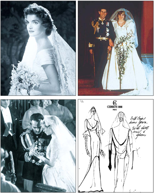 (Clockwise from bottom left) Grace Kelly on her wedding wears a gown made by costumer Helen Rose
and the wardrobe department of MGM; Jacqueline Kennedy’s wedding gown designed by Ann Lowe;
Prince Charles and Princess Diana on their wedding day; an artist’s sketch shows Narciso Rodriguez’s
wedding gown that Carolyn Bessette wore when she married John F. Kennedy Jr. in 1996. (AP-Yonhap News)