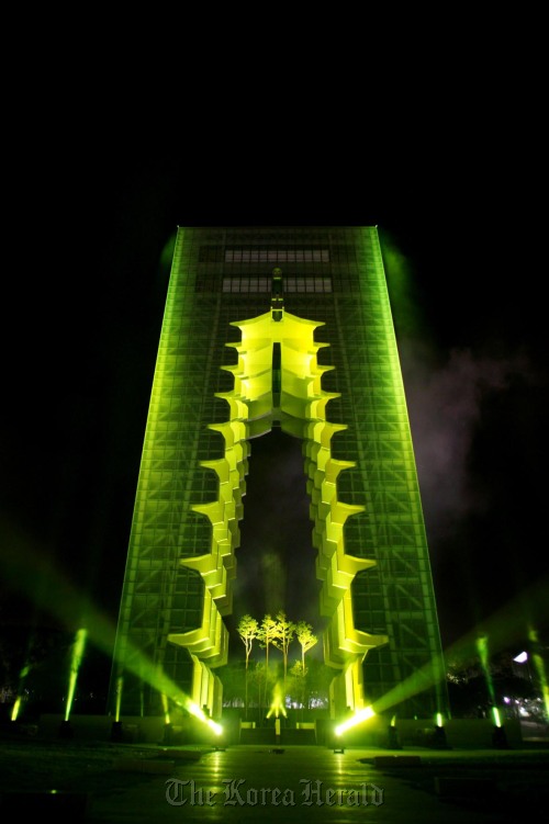 The Gyeongju Tower, a replica of the Nine-story Pagoda at the Hwangnyong Temple, at the Gyeongju World Culture Expo Park in Gyeongju, North Gyeongsang Province. The Organizing Committee for the Gyeongju World Culture Expo
