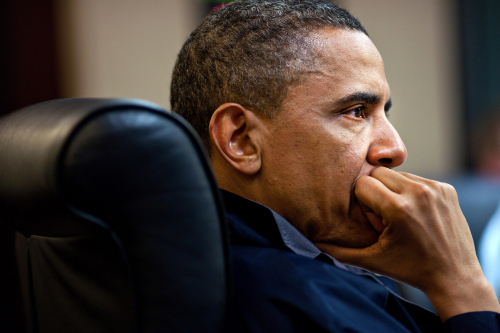 In this image released by the White House, President Barack Obama listens during one in a series of meetings discussing the mission against Osama bin Laden, in the Situation Room of the White House, Sunday, May 1, 2011, in Washington. (AP-Yonhap News)
