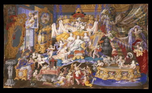 부채용그림
An extended fan leaf thought to depict Madame de Montespan in the Trianon de Porcelaine, France, possibly created in 1674. Victoria and Albert Museum/V&A Image
An extended fan leaf thought to depict Madame de Montespan in the Trianon de Porcelaine, France, possibly created in 1674. Victoria and Albert Museum/V&A Image
