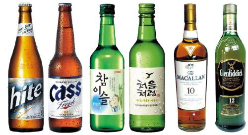 From left: Hite’s hite, OB’s Cass Fresh, Jinro’s Chamisul, Lotte’s Chum-Churum, The Macallan and Glenfiddich