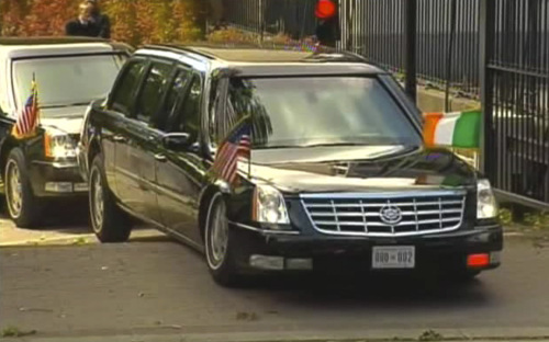 In this image taken from TV U.S. President Barack Obama's presidential state car is seen as it appears to get stuck on the ramp and comes to a halt as it drives out of the US Embassy in Dublin, Ireland, Monday May 23, 2011. (AP)