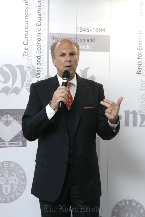Merck Korea president Juergen Koenig speaks at a press briefing at a Seoul hotel Tuesday.    Merck Korea
