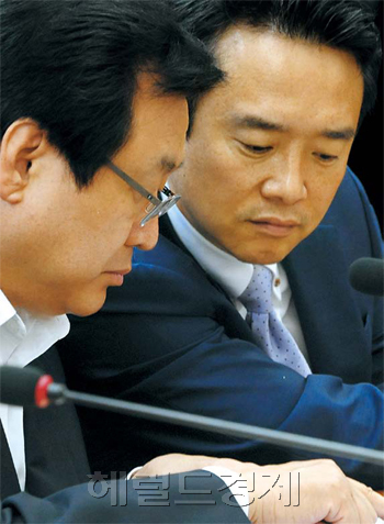 1일 열린 한나라당 중진회의에서 김무성(왼쪽) 의원과 남경필 의원이 의견을 나누고 있다. 김 의원은 중진으로, 남 의원은 소장파로 다음달 4일 열리는 전당대회에 당 대표 출마 가능성이 높다. 양동출 기자/dcyang@
