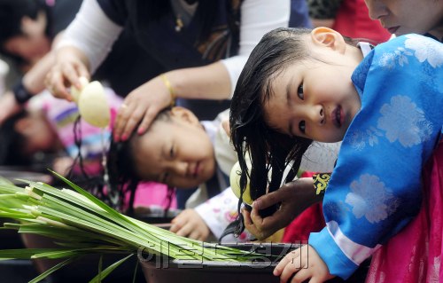2일 오전 서울 구로근린공원에서 단오행사에 참가한 한복을 입은 어린이들이 창포에 머리를 감고 있다. 박해묵 기자/mook@heraldm.com
2일 오전 서울 구로근린공원에서 단오행사에 참가한 한복을 입은 어린이들이 창포에 머리를 감고 있다. 박해묵 기자/mook@heraldm.com