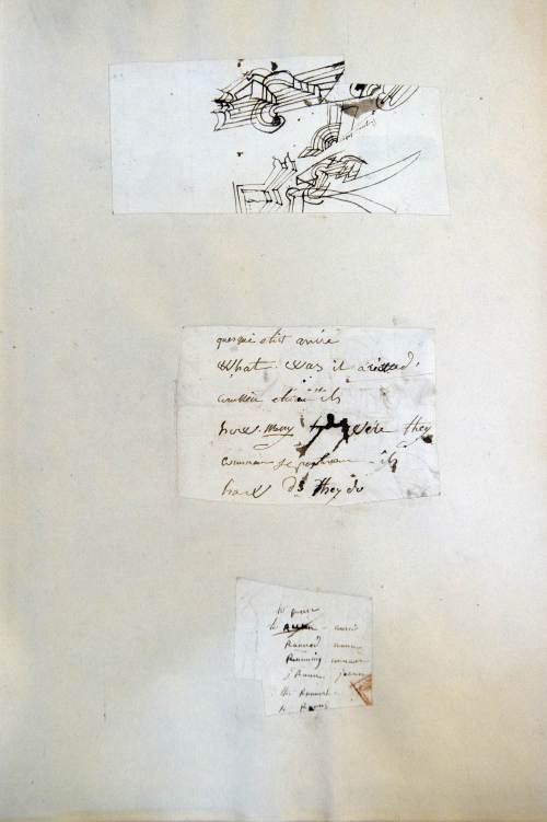 <YONHAP PHOTO-0013> A picture taken on June 3, 2011 in Fontainebleau, south of Paris, shows a fragment of an Emperor Napoleon's sketch and English and French sentences written from 1816 on the island of St. Helena at Longwood house when having English lessons. The original sketches and French and English sentences he wrote will be auctioned on June 4, 2011 in Fontainebleau. AFP PHOTO FRED DUFOUR /2011-06-04 00:18:36/ <저작권자 ⓒ 1980-2011 ㈜연합뉴스. 무단 전재 재배포 금지.>
A fragment of a sketch by Emperor Napoleon and English and French sentences written from 1816 on the island of St. Helena seen in Fontainebleau, south of Paris.  AFP-Yonhap News