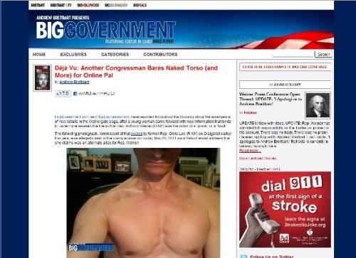 This captured page from the website Biggovernment.com shows photo of a shirtless U.S. Representative Anthony Weiner which was allegedly emailed to a young woman.
