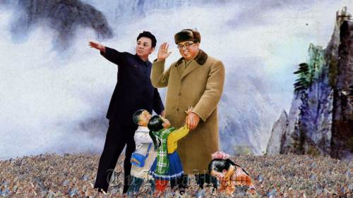 A North Korean propaganda painting of late leader Kim Il-sung (right) and his son Kim Jong-il as seen in “Kimjongilia,” an American documentary on 12 North Korean defectors and their stories.  Cracker Pictures