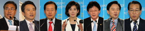 <YONHAP PHOTO-1421> 한나라 당권경쟁 후보 (서울=연합뉴스) 백승렬 전수영 기자 = 한나라당의 차기 당대표를 뽑는 7ㆍ4 전당대회를 앞두고 출마를 선언한 후보자들 사이에서 '총선 대표론'이 화두로 급부상하고 있다. 내년 4월 총선에서 자칫 전멸의 가능성까지 거론되고 있는 수도권을 비롯해 야권이 잠식해오고 있는 텃밭 영남 지역을 방어할 수 있는 리더십이 차기 당 지도부의 최대 자격요건으로 떠올랐다. 왼쪽부터 박진, 남경필, 홍준표, 나경원, 유승민, 원희룡, 권영세 의원. 2011. 6. 21 srbaek@yna.co.kr/2011-06-21 16:29:13/ <저작권자 ⓒ 1980-2011 ㈜연합뉴스. 무단 전재 재배포 금지.>
(from left) Park Jin,  Nam Kyung-pil, Hong Joon-pyo, Na Kyung-won, Yoo Seong-min, Won Hee-ryong, Kwon Young-se