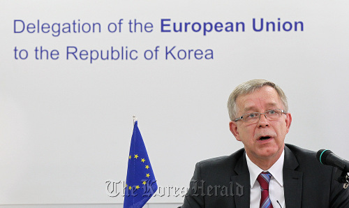 EU Ambassador Tomasz Kozlowski speaks during a news conference on Thursday.   Yonhap News