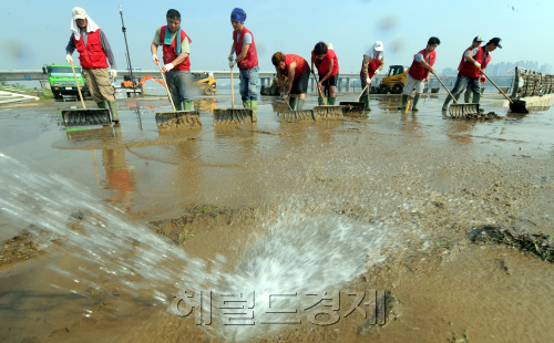 서울시는 지난 주말 내린 집중호우로 침수된 한강공원 21개 지역에 인력과 장비를 동원해 청소를  하고 있다며 5일 오전까지 청소를 완료할 예정이라고 밝힌 가운데 여의도 한강고수부에서 서울특별시 한강사업본부 직원들이 막바지 청소작업에 박차를 가하고 있다./ 안훈기자 rosedale@ 2011.07.05
서울시는 지난 주말 내린 집중호우로 침수된 한강공원 21개 지역에 인력과 장비를 동원해 청소를  하고 있다며 5일 오전까지 청소를 완료할 예정이라고 밝힌 가운데 여의도 한강고수부에서 서울특별시 한강사업본부 직원들이 막바지 청소작업에 박차를 가하고 있다./ 안훈기자 rosedale@ 2011.07.05
뻘밭 된 한강둔치 청소