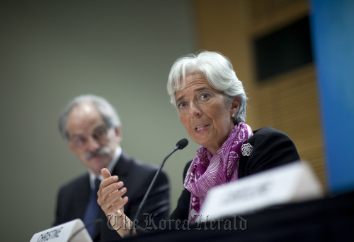 IMF Managing Director Christine Lagarde conducts a press conference in Washington, D.C. on July 6.  AFP-Yonhap News