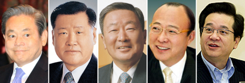 이건희 회장, 정몽구 현대차그룹회장, 구본무 LG그룹회장, 김승연 한화회장, 이재현 CJ회장 <사진 왼쪽부터>