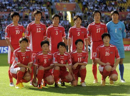 <YONHAP PHOTO-1283> (FILES) - Picture taken on June 28, 2011 shows North Korea's national football team posing prior to the football match of the FIFA women's football World Cup USA vs Korea PRK (group C) at Dresden's Gluecksgas stadium, eastern Germany. (Top Row From L) North Korea's midfielder Jo Yun Mi, North Korea's midfielder Jon Myong Hwa, North Korea's defender Ho Un Byol, North Korea's defender Song Jong Sun, North Korea's defender Ri Un Hyang, North Korea's goalkeeper Hong Myong Hui, (Bottom Row From L) North Korea's striker Yun Hyon Hi, North Korea's midfielder Kim Su Gyong, North Korea's striker Ra Un Sim, North Korea's midfielder Ri Ye Gyong, North Korea's defender Jong Pok Sim. Football's governing body FIFA revealed on July 16, 2011 that a total of five members of the North Korea team have tested positive for a banned anabolic steroid at the women's World Cup. AFP PHOTO / ROBERT MICHAEL /2011-07-16 22:30:40/ <저작권자 ⓒ 1980-2011 ㈜연합뉴스. 무단 전재 재배포 금지.>
North Korea’s national women’s soccer team    AFP-Yonhap News