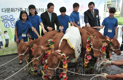 농협중앙회(회장 최원병)는 3일 본관 광장에서 '꿈을 키우는 희망송아지 전달식'을 갖고 농촌에 거주하며 자녀가 많아 경제적인 지원이 요구되는 다문화가족 100가정을 선정하여 암송아지 1마리씩 100마리를 전달하였다. <br />정희조 기자/checho@heraldm.com 110803\r\n농협중앙회(회장 최원병)는 3일 본관 광장에서 '꿈을 키우는 희망송아지 전달식'을 갖고 농촌에 거주하며 자녀가 많아 경제적인 지원이 요구되는 다문화가족 100가정을 선정하여 암송아지 1마리씩 100마리를 전달하였다. \n정희조 기자/checho@heraldm.com 110803\r\n서울 농협중앙회 본관 광장에서 3일 열린 ‘꿈을 키우는 희망송아지 전달식’에서 다문화 가족들이 암송아지를 받고 기뻐하고 있다. 농협중앙회는 농촌 다문화 가족 100가정에게 암송아지 1마리씩을 전달했다.  정희조 기자/checho@