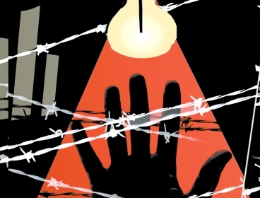 A Mike Miner color illustration of a hand behind barbed wire and highlighted by a lone lightbulb, representing a person being tortured. (MCT)
