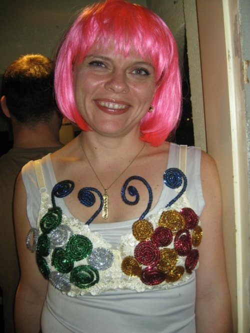 Sharing page pics Aug 18\r\nA model wears a hand-designed bra for a previous charity auction.