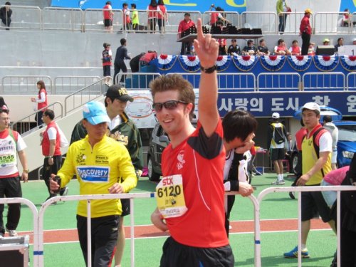 Sharing page pics Aug 18\r\nJoe Riley completes a previous run in Korea.