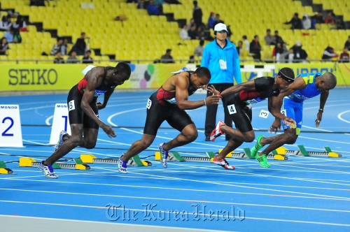 Sprinters leave the start line during the Daegu Pre-Championship in May.  Daegu Organizing Committee