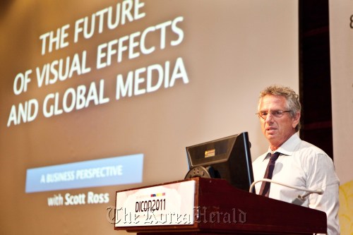 Scott Ross, co-chairman of inDSP USA, delivers his keynote speech during the 2011 International Digital Content Conference at COEX in southern Seoul, Tuesday. Korea Creative Content Agency