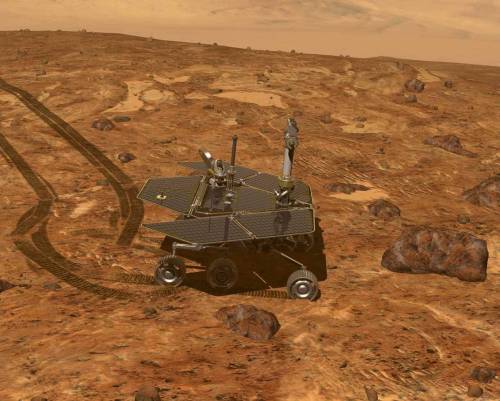 This artist's rendering provided by NASA shows of the Mars Rover, Opportunity, on the surface of Mars. Opportunity reached the rim of the Endeavour crater in August, 2011. The arrival gave the rover access to geology different from any it explored during its first 90 months on Mars. (AP-Yonahp News)
