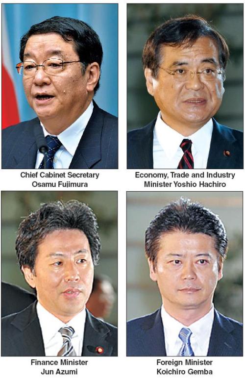 후지무라 오사무(일본 관방장관),하치로 요시오(일본 경제산업상),아즈미 준(일본 재무성장관),겜바 고이치로(일본 국가전략부)