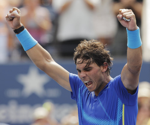 <YONHAP PHOTO-0323> Rafael Nadal of Spain reacts after his match against David Nalbandian of Argentina during the U.S. Open tennis tournament in New York, Sunday, Sept. 4, 2011. (AP Photo/Charlie Riedel) /2011-09-05 06:01:35/ <저작권자 ⓒ 1980-2011 ㈜연합뉴스. 무단 전재 재배포 금지.>\r\nRafael Nadal celebrates after his match against David Nalbandian.  AP-Yonhap News